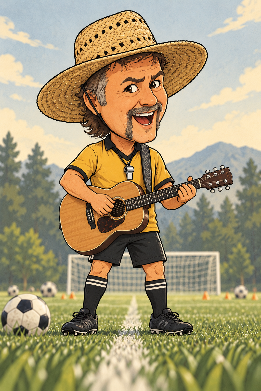 Cartoon of Collin Poseley in a straw hat and gold soccer jersey, holding a guitar.