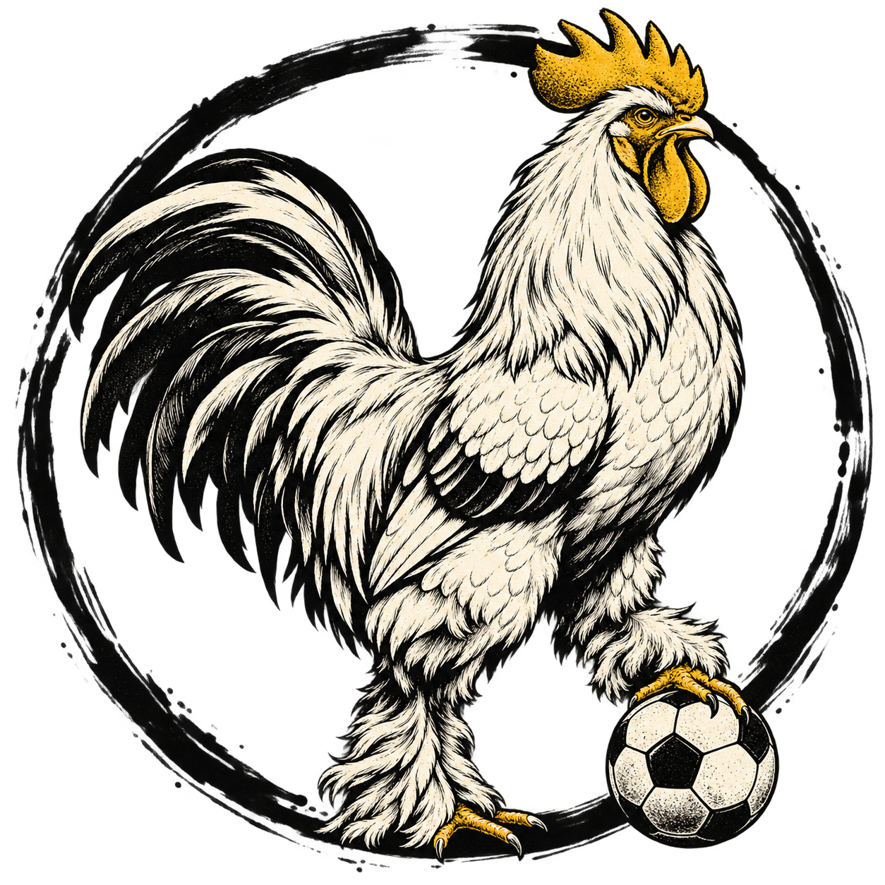 The Brahma chicken, illustrated in black ink with one foot on a soccer ball.