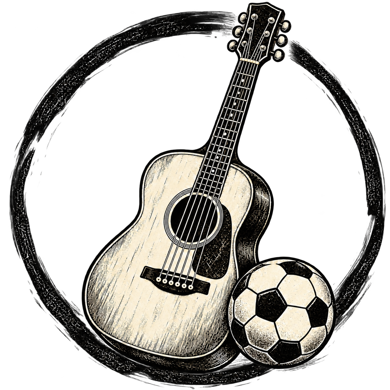 A bold woodcut acoustic guitar and soccer ball framed by a loose black ink circle.